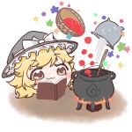  1girl :3 berry black_hat blonde_hair blush book bow braid brown_eyes closed_mouth commentary_request cooking fire floating hair_bow hat hat_bow kirisame_marisa magic mini-hakkero open_book side_braid single_braid smile solo star_(symbol) telekinesis touhou white_bow witch_hat yukkuri_shiteitte_ne yukkurizmin 