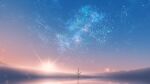  absurdres branch fantasy furi0831 highres horizon leaf lens_flare milky_way mountain no_humans original plant reflection scenery shooting_star sky star_(sky) starry_sky sun tanabata 