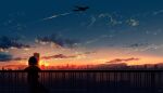  1girl aircraft airplane building city city_lights cloud highres horizon original railing scenery signature silhouette sky skyrick9413 skyscraper solo sunset twilight 