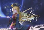  1girl absurdres black_dress black_hat blonde_hair breasts chinese_clothes chinese_commentary closed_mouth commentary_request crescent_print dalachi_(headdress) dress earth_(planet) hat highres junko_(touhou) long_hair long_sleeves medium_breasts neck_ribbon on_moon planet red_eyes red_tabard ribbon smile solo star_(sky) tabard toorooo touhou very_long_hair wide_sleeves yellow_ribbon 