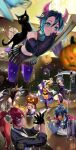  3girls 4boys absurdres amber_(genshin_impact) animal_ears aqua_eyes aqua_hair black_fur black_hair black_hood black_shirt black_skirt black_sleeves blonde_hair blue_hair broom brown_eyes brown_hair brown_hood candle candy cape cat closed_mouth commentary crop_top cup dark-skinned_male dark_skin demon_horns diluc_(genshin_impact) eula_(genshin_impact) fake_horns food fox_ears fox_tail genshin_impact glass gradient_hair grey_hair halloween halloween_costume happy_halloween highres holding holding_cup holding_pumpkin hood hood_up horns jack-o'-lantern kaeya_(genshin_impact) klee_(genshin_impact) long_hair midriff multicolored_hair multiple_boys multiple_girls narahazime navel open_mouth orange_hair pantyhose pumpkin purple_pantyhose purple_thighhighs razor_(genshin_impact) red_eyes red_hair shirt skirt tail thighhighs untranslatable_commentary venti_(genshin_impact) vision_(genshin_impact) white_cape 