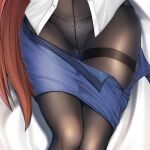  1girl ass_visible_through_thighs bed_sheet black_legwear blue_skirt brown_hair chinese_commentary clothes_pull cropped crotch_seam dakimakura_(medium) from_above lace-trimmed_panties lace_trim long_hair lower_body lying lyrical_nanoha mahou_shoujo_lyrical_nanoha_strikers maskwolf miniskirt on_back panties panties_under_pantyhose pantyhose partially_unbuttoned pencil_skirt sample shirt skirt skirt_pull solo straight_hair takamachi_nanoha thigh_gap thighband_pantyhose underwear white_panties white_shirt 