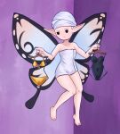  1girl absurdres airy_(bravely_default) bare_shoulders barefoot bikini black_eyes black_leotard bravely_default:_flying_fairy bravely_default_(series) breasts butterfly_wings clothes_hanger fairy fairy_wings feet flying gold_bikini highres insect_wings legs leotard naked_towel obsidianwasp pointy_ears small_breasts solo swimsuit thighs toes towel towel_on_head unworn_bikini unworn_leotard wings 
