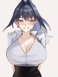  1girl absurdres arms_behind_back bikini black_hair black_skirt blue_eyes blue_hair blush bow bow_earrings breasts cleavage commentary earrings english_commentary grey_background hair_intakes highres hololive hololive_english jewelry large_breasts long_hair looking_at_viewer multicolored_hair nurizza_ilst ouro_kronii pencil_skirt shirt skirt smile solo swimsuit two-tone_hair virtual_youtuber white_background wing_collar 