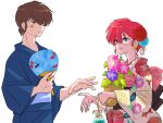  1boy 1girl brown_hair earrings eyeshadow fang flower green_eyes hair_flower hair_ornament hair_ribbon hand_fan hibiki_ryouga highres holding holding_fan japanese_clothes jewelry kimono lipstick makeup nail_polish paper_fan plant ranma-chan ranma_1/2 red_hair ribbon simple_background smg1228 tagme white_background 