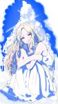  1girl absurdres bare_arms blonde_hair blush commentary crossed_arms dress gakuen_idolmaster highres idolmaster juo_sena kasasagi_(futagodori888) long_hair looking_at_viewer multicolored_hair pink_streaks sketch sleeveless sleeveless_dress smile solo squatting streaked_hair very_long_hair white_dress 