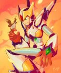  1boy absurdres android animal animal_on_hand armor bird blue_sky closed_mouth commentary english_commentary falcon_armor_x_(mega_man) flying forehead_jewel green_eyes helmet highres male_focus mega_man_(series) mega_man_x_(series) midair milaisadoodles orange_sky sky smile solo sunset upper_body white_armor white_helmet wings x_(mega_man) 