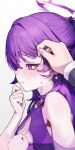  1boy 1girl absurdres averting_eyes blue_archive commentary dress halo haruka_(blue_archive) haruka_(dress)_(blue_archive) hetero highres nervous official_alternate_costume pov pov_hands purple_dress purple_eyes purple_hair pyytato sensei_(blue_archive) simple_background sweatdrop white_background 
