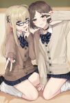 2boys black_nails blonde_hair brown_hair character_request classroom copyright_request crossdressing glasses grey_eyes grin highres jacket long_hair long_sleeves loose_socks male_focus multicolored multicolored_nails multiple_boys nail_polish open_mouth otoko_no_ko pleated_skirt red_nails school_uniform sitting skirt smile sunaba_(nczd5875) sweater_jacket v v_over_eye w yellow_nails 
