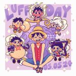  >_< 1boy black_hair chibi chunafishy closed_eyes dated devil_fruit gear_fifth hat highres male_focus monkey_d._luffy multiple_persona one_piece open_mouth red_shirt shirt short_hair sitting straw_hat 