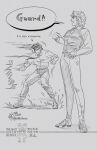  2boys cheekbones commentary dio_brando full_body furrowed_brow greyscale jojo_no_kimyou_na_bouken jonathan_joestar male_focus monochrome multiple_boys necktie phantom_blood speech_bubble tmblyeet 