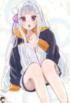  1boy 1girl :o black_hair black_shirt black_sleeves blunt_bangs blush breasts cleavage collarbone commentary_request cosplay elf emilia_(re:zero) feet_out_of_frame flower grey_pupils hair_flower hair_ornament hair_ribbon hand_on_own_chin highres jacket long_hair multicolored_jacket nashigasukidaa natsuki_subaru natsuki_subaru_(cosplay) no_bra pointy_ears purple_eyes purple_ribbon re:zero_kara_hajimeru_isekai_seikatsu ribbon shirt shorts sitting sleeves_past_fingers sleeves_past_wrists sparkle sportswear track_jacket white_flower white_hair white_jacket white_shorts x_hair_ornament 