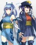  2girls asymmetrical_sleeves blue_hair blue_jacket blue_skirt commentary_request fang garchomp gen_2_pokemon gen_4_pokemon gloves high-waist_skirt jacket kingdra miniskirt mismatched_sleeves multiple_girls obi open_mouth personification pleated_skirt pokemon ponytail red_eyes sash single_thighhigh skirt smile somechime_(sometime1209) thighhighs twitter_username two_side_up v white_gloves yellow_eyes 