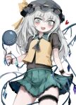  1girl ascot black_hat black_shirt black_wrist_cuffs blush bow brooch collared_shirt crystal disembodied_linked_eye eyeball flandre_scarlet frilled_thigh_strap fusion green_eyes green_hair green_skirt grey_ascot hat hat_bow heart highres jewelry komeiji_koishi long_hair looking_at_viewer open_mouth puffy_short_sleeves puffy_sleeves reverinth shirt short_sleeves simple_background skirt smile solo thigh_strap thighs touhou vest white_background wrist_cuffs yellow_bow yellow_vest 