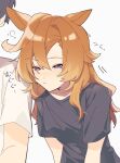  1boy 1girl alternate_hair_length_(longer) amano_(amano_miko) animal_ears bent_over black_shirt closed_mouth commentary_request hair_between_eyes half-closed_eyes horse_ears horse_girl long_hair looking_down motion_lines orange_hair out_of_frame purple_eyes shirt short_sleeves simple_background sleepy squeans t.m._opera_o_(umamusume) trainer_(umamusume) umamusume upper_body white_background white_shirt 