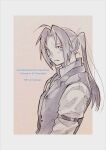  1boy ahoge black_jacket black_pants black_shoes blonde_hair blue_eyes coat collared_shirt commentary_request conqueror_of_shambala edward_elric fullmetal_alchemist greyscale hair_between_eyes hair_over_one_eye half-closed_eyes hand_in_pocket highres jacket long_hair minoru_a monochrome multiple_boys pants parted_bangs ponytail popped_collar red_coat shirt shoes short_hair suit_jacket white_shirt 