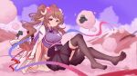  1girl ahoge animal_ears arknights black_skirt black_thighhighs blush breasts brown_hair cloud cloudy_sky coat coat_on_shoulders commentary_request dolly_(arknights) eyjafjalla_(arknights) eyjafjalla_the_hvit_aska_(arknights) feet highres horns lab_coat large_breasts long_hair looking_at_viewer mu_lin_di purple_shirt purple_sky red_eyes sheep sheep_ears sheep_girl sheep_horns sheep_tail shirt sidelocks sitting skirt sky tail thigh_strap thighhighs thighs white_coat 
