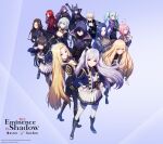  1boy 6+girls absurdres ahoge alexia_midgar alpha_(kagejitsu) animal_ears anime_coloring aqua_hair arm_up artist_request beta_(kagejitsu) black_bodysuit black_boots black_coat black_hair black_hood blonde_hair blue_eyes blue_jacket blue_necktie bodysuit boots braid breasts cat_ears cat_girl cid_kagenou cid_kagenou_(shadow) claire_kagenou cleavage cleavage_cutout clothing_cutout coat copyright_logo copyright_name copyright_notice crossed_arms delta_(kagejitsu) elf english_commentary english_text epsilon_(kagejitsu) eta_(kagejitsu) gamma_(kagejitsu) grey_hair hands_on_own_hips high_heel_boots high_heels highres iris_midgar jacket kage_no_jitsuryokusha_ni_naritakute! kage_no_jitsuryokusha_ni_naritakute!_master_of_garden key_visual logo long_hair midgar_academy_school_uniform multiple_drills multiple_girls necktie nu_(kagejitsu) official_art open_clothes open_jacket pink_eyes pink_hair pleated_skirt pointy_ears promotional_art purple_hair red_carpet red_hair rose_oriana school_uniform see-through_cleavage see-through_clothes sherry_barnett shirt short_necktie skirt thighhighs throne throne_room twin_braids white_shirt white_skirt white_thighhighs window wolf_ears wolf_girl yellow_eyes zeta_(kagejitsu) 