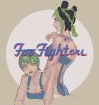  2girls birthmark black_hair blue_overalls blue_tank_top braid breasts character_name cleavage collarbone cone_hair_bun copyright_name crop_top double_bun foo_fighters_(band) foo_fighters_(jojo) green_eyes green_hair green_lips green_nails hair_bun highres joestar_birthmark jojo_no_kimyou_na_bouken kujo_jolyne makeup multicolored_hair multiple_girls overalls rocacola short_hair simple_background star_(symbol) stone_ocean tank_top two-tone_hair 