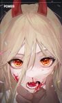  1girl absurdres blonde_hair blood blood_on_face chainsaw_man cross-shaped_pupils demon_horns eye_focus fangs grabbing_another's_chin hair_between_eyes hand_on_another's_chin highres horns k_hottok long_hair looking_at_viewer nosebleed open_mouth orange_eyes portrait pov power_(chainsaw_man) red_horns sharp_teeth solo_focus symbol-shaped_pupils teeth yellow_eyes 