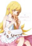  1girl bare_arms bare_shoulders blonde_hair blush_stickers commentary_request donut dress fan_request feet_out_of_frame flat_chest food food_in_mouth food_on_face frilled_dress frills from_side halter_dress halterneck hands_up highres holding holding_donut holding_food long_hair monogatari_(series) oshino_shinobu pastry_box petite pon_de_ring request_inset simple_background sitting sleeveless sleeveless_dress solo usurai_rairai vampire wavebox white_background white_dress yellow_eyes 