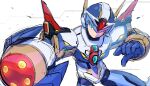  1boy aiming aiming_at_viewer android arm_cannon armor blue_helmet chest_jewel commentary_request cowboy_shot forehead_jewel fourth_armor_x_(mega_man) glowing green_eyes helmet highres lemon_inu looking_at_viewer male_focus mega_man_(series) mega_man_x_(series) one_eye_covered shoulder_armor simple_background weapon white_armor white_background x_(mega_man) 