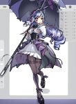  1girl absurdres art_program_in_frame black_pantyhose black_shoes breasts commentary_request dress drill_hair full_body highres holding holding_umbrella long_hair long_sleeves mole mole_under_eye pantyhose purple_hair red_eyes shoes solo umbrella vivian_banshee xiaox096 zenless_zone_zero 
