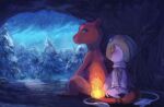  1other cave charmeleon cherkivi closed_eyes closed_mouth clothed_pokemon commentary commission english_commentary expressionless fang fire flame-tipped_tail long_sleeves night nostrils outdoors parted_lips pine_tree pokemon pokemon_(creature) shirt snowing tail tree uxie white_shirt winter yellow_eyes 