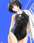  1girl amagami bangs black_swimsuit blue_sky blue_swimsuit bob_cut brown_eyes clear_sky collarbone commentary competition_swimsuit cowboy_shot fence from_below looking_at_viewer looking_down murasaki_iro nanasaki_ai one-piece_swimsuit parted_lips short_hair sky solo swimsuit thigh_gap tomboy towel towel_around_neck two-tone_swimsuit water_drop wet yukana 