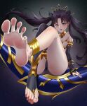  1girl absurdres anklet bare_legs barefoot black_hair choker crown detached_sleeves earrings fate/grand_order fate_(series) feet foot_focus hair_ribbon highres huge_filesize ishtar_(fate) ishtar_(fate)_(all) jewelry long_hair orange_eyes ribbon single_detached_sleeve single_thighhigh soles solo thighhighs toeless_legwear toenails toes tsa twintails 