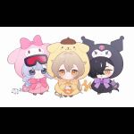  1boy 2girls :d alternate_costume animal_hood arknights bad_link balloon_animal black_hair black_hoodie blonde_hair blue_eyes blue_hair bow bowtie character_request check_character chibi corroserum_(arknights) cosplay dorothy_(arknights) eyebrow_piercing face_piercing goggles goggles_on_head hair_between_eyes hair_over_one_eye hood hoodie jacknife kuromi kuromi_(cosplay) long_hair mouse_girl mouse_tail mulberry_(arknights) multiple_girls my_melody my_melody_(cosplay) my_melody_(series) open_mouth piercing pink_bow pink_bowtie pink_hoodie pompompurin pompompurin_(cosplay) purple_bow purple_bowtie sanrio simple_background slit_pupils smile tail weibo_banner white_background yellow_bow yellow_bowtie yellow_eyes yellow_hoodie 