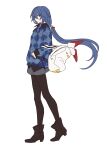  1girl absurdres amyucheu argyle_clothes argyle_sweater backpack bag black_boots black_hair black_pantyhose blue_eyes blue_sweater boots closed_mouth commentary_request fu_hua grey_skirt highres honkai_(series) honkai_impact_3rd jingwei_(bird) korean_commentary long_hair long_sleeves looking_at_viewer pantyhose pointy_ears ponytail simple_background skirt solo sweater white_background 