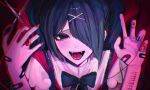  1girl ame-chan_(needy_girl_overdose) bandaid bandaid_on_arm bandaid_on_hand black_bow black_eyes black_hair blood blood_drip blood_on_arm bow commentary_request cute_na_kanojo_(cevio) fangs hair_over_one_eye hand_up hands_up highres long_hair nail_polish needy_girl_overdose open_mouth pao_(i_loxe_u) red_nails revision scissors self-harm shirt sidelocks simple_background smile solo string string_of_fate suspenders sweat twintails white_shirt wrist_cutting 