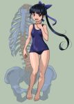  1girl :d artist_name bare_shoulders barefoot black_hair blue_bow blunt_bangs bow breasts brown_eyes collarbone contrapposto different_zoom_layer dot_nose full_body green_background hair_bow hand_on_own_neck highres how_to long_hair looking_at_viewer medium_breasts old_school_swimsuit one-piece_swimsuit open_mouth original pelvis ponytail ribs rohitsuka school_swimsuit shiny_skin signature simple_background smile solo swimsuit thighs toes zoom_layer 