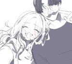  1boy 1girl ^_^ blurry closed_eyes commentary finger_to_cheek gakuen_idolmaster greyscale groucho_glasses hetero highres idolmaster juo_sena kasasagi_(futagodori888) long_hair monochrome producer_(idolmaster) shirt simple_background smile t-shirt upper_body white_background 