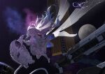  1girl 1other amphoreus_(honkai:_star_rail) aqua_hair astronaut breasts commentary cyrene_(demiurge)_(honkai:_star_rail) cyrene_(honkai:_star_rail) dress flower hair_flower hair_ornament halo helmet high_heels highres honkai:_star_rail honkai_(series) long_hair medium_breasts moon multicolored_hair pink_hair purple_eyes space space_helmet spacecraft spacesuit turo two-tone_hair very_long_hair white_dress 