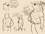  anthro bear beret bottomwear clothed clothing craig_boone dinky_the_t-rex english_description english_text eyewear fallout felid fully_clothed group gun hat headgear headwear male mammal microsoft monochrome multiple_scenes n1ceratt new_vegas pantherine ranged_weapon rifle shirt simple_background speech_bubble standing sunglasses t-shirt tan_background text the_courier_(fallout) tiger topwear toy weapon wearing_hat wearing_sunglasses 