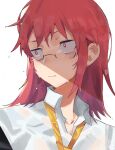  1girl absurdres alternate_hair_length alternate_hairstyle collarbone commentary glasses highres kobayashi-san_chi_no_maidragon kobayashi_(maidragon) looking_to_the_side medium_hair necktie red_eyes red_hair shirt symbol-only_commentary takao_(88499191) wet white_background white_shirt 