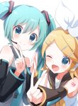  2girls aqua_eyes aqua_hair aqua_neckwear arm_warmers bangs bare_shoulders black_collar black_sleeves blonde_hair bow buchi_(y0u0ri_) collar commentary detached_sleeves grey_shirt hair_bow hair_ornament hairclip hands_together hatsune_miku headphones headset highres kagamine_rin long_hair looking_at_viewer multiple_girls necktie one_eye_closed open_mouth outstretched_arm palms_together sailor_collar school_uniform shirt short_hair shoulder_tattoo sleeveless sleeveless_shirt smile spiked_hair swept_bangs tattoo treble_clef twintails upper_body v very_long_hair vocaloid white_bow white_shirt 