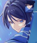  1boy blue_background blue_cape blue_eyes blunt_ends cape derivative_work eyeshadow floating_cape from_side genshin_impact hair_between_eyes highres looking_at_viewer makeup male_focus missing_headwear purple_hair red_eyeshadow s0bk8 scaramouche_(genshin_impact) screenshot_redraw short_hair simple_background smile solo teeth v-shaped_eyebrows wanderer_(genshin_impact) 