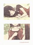  2girls above-cleavage_cutout amakura_mayu amakura_mio artist_name black_camisole black_shirt blurry blurry_background bob_cut border brown_camisole brown_hair brown_ribbon brown_shirt bug butterfly butterfly_on_neck camisole camisole_over_clothes closed_eyes closed_mouth clothing_cutout collarbone day eyes_out_of_frame fatal_frame fatal_frame_ii:_crimson_butterfly grey_border hand_on_own_chest hand_on_tree hands_up head_out_of_frame highres lying multiple_girls off-shoulder_shirt off_shoulder oisiso on_ground on_side outdoors parted_lips ribbon shirt short_hair short_sleeves siblings single_bare_shoulder sisters sleeping three-quarter_sleeves tree twins twitter_username upper_body watermark white_butterfly 
