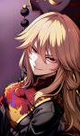  1girl arms_under_breasts black_dress black_hat blonde_hair breasts commentary crescent_print dalachi_(headdress) dress eyes_visible_through_hair grin hair_between_eyes hands_in_opposite_sleeves hat highres junko_(touhou) kikoka_(mizuumi) large_breasts long_hair long_sleeves looking_at_viewer purple_background red_eyes red_tabard smile solo tabard touhou very_long_hair 