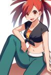  1girl belt blue_pants commentary crop_top flannery_(pokemon) hand_on_own_knee highres knee_up midriff navel open_mouth pants pokemon pokemon_(game) pokemon_oras ponytail red_eyes red_hair shirt short_sleeves sitting smile solo tied_shirt upper_teeth yuihico 
