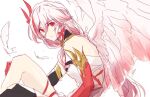  1girl amyucheu asymmetrical_gloves black_gloves china_dress chinese_clothes closed_mouth commentary_request dress elbow_gloves fu_hua fu_hua_(phoenix) gloves hair_ornament honkai_(series) honkai_impact_3rd korean_commentary long_hair looking_at_viewer mismatched_gloves red_eyes red_gloves simple_background solo white_background white_dress white_wings wings 