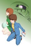  1boy 1girl absurdres amuro_ray aobito_sukoyaka_bystander belt blue_jacket blue_pants breast_pocket brown_belt brown_eyes brown_hair brown_shoes casual collared_shirt commentary_request dress fingernails fraw_bow frown full_body green_dress gundam highres holding holding_magazine jacket kneeling looking_at_viewer magazine_(object) medium_hair moccasins pants pink_shirt pocket serious shirt shirt_tucked_in shoes short_dress short_hair socks tearing_up thick_eyebrows thighs white_socks yellow_shirt zaku_ii 