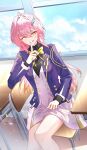  1girl :q ;q absurdres aemeath_(student)_(wuthering_waves) aemeath_(wuthering_waves) ahoge bow bowtie breasts commentary day dress finger_to_mouth gruisin hair_intakes hair_ornament highres index_finger_raised indoors jacket long_hair long_sleeves medium_breasts one_eye_closed orange_eyes pink_hair purple_jacket shushing sitting_sideways solo star-shaped_pupils star_(symbol) symbol-shaped_pupils tongue tongue_out white_dress wuthering_waves yellow_bow yellow_bowtie 
