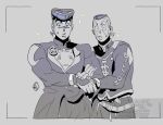  2boys animated animated_gif blush diamond_wa_kudakenai dollar_sign gakuran higashikata_josuke jojo_no_kimyou_na_bouken male_focus monochrome multicolored_hair multiple_boys nijimura_okuyasu open_mouth peace_symbol pompadour school_uniform tmblyeet two-tone_hair yen_sign 