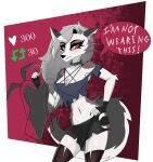  abstract_background absurd_res annoyed anthro biped black_bottomwear black_clothing black_gloves black_handwear black_legwear black_shorts black_thigh_highs border bottomwear breasts bunny_costume canid canid_demon canine clothed clothed_anthro clothed_female clothing collar costume crop_top demon dialogue ear_piercing ear_ring english_text eyebrow_piercing facial_piercing female fingerless_gloves fingers fluffy fluffy_tail front_view fur gloves gothgator0 grey_body grey_clothing grey_crop_top grey_fur grey_hair grey_shirt grey_topwear hair hand_on_hip handwear hellaverse hellhound helluva_boss hi_res holding_object humanoid_hands interaction_drive legwear long_hair loona_(helluva_boss) mammal medium_breasts mythological_canine mythological_creature mythology navel piercing portrait pose red_sclera ring_piercing sassy shirt shorts solo speech_bubble spiked_collar spikes standing tail talking_to_viewer text thigh_highs three-quarter_portrait topwear torn_bottomwear torn_clothing torn_shorts white_body white_border white_eyes white_fur 