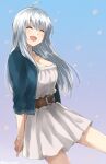  1girl ahoge arms_behind_back belt blue_jacket breasts cleavage closed_eyes dress gradient gradient_background jacket large_breasts long_hair open_mouth original petals silver_hair smile solo somechime_(sometime1209) white_dress 