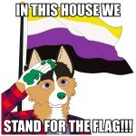  anthro black_body black_fur border_collie canid canine canis collie digital_media_(artwork) domestic_dog flag flag_(object) flannel fur german_shepherd gesture gloves_(marking) green_pawpads herding_dog impact_(font) lgbt_pride mammal markings martin_schaefer martin_shep nonbinary_pride_colors outline pastoral_dog pawpads pride_colors salute sheepdog solo tan_body tan_fur text white_outline 